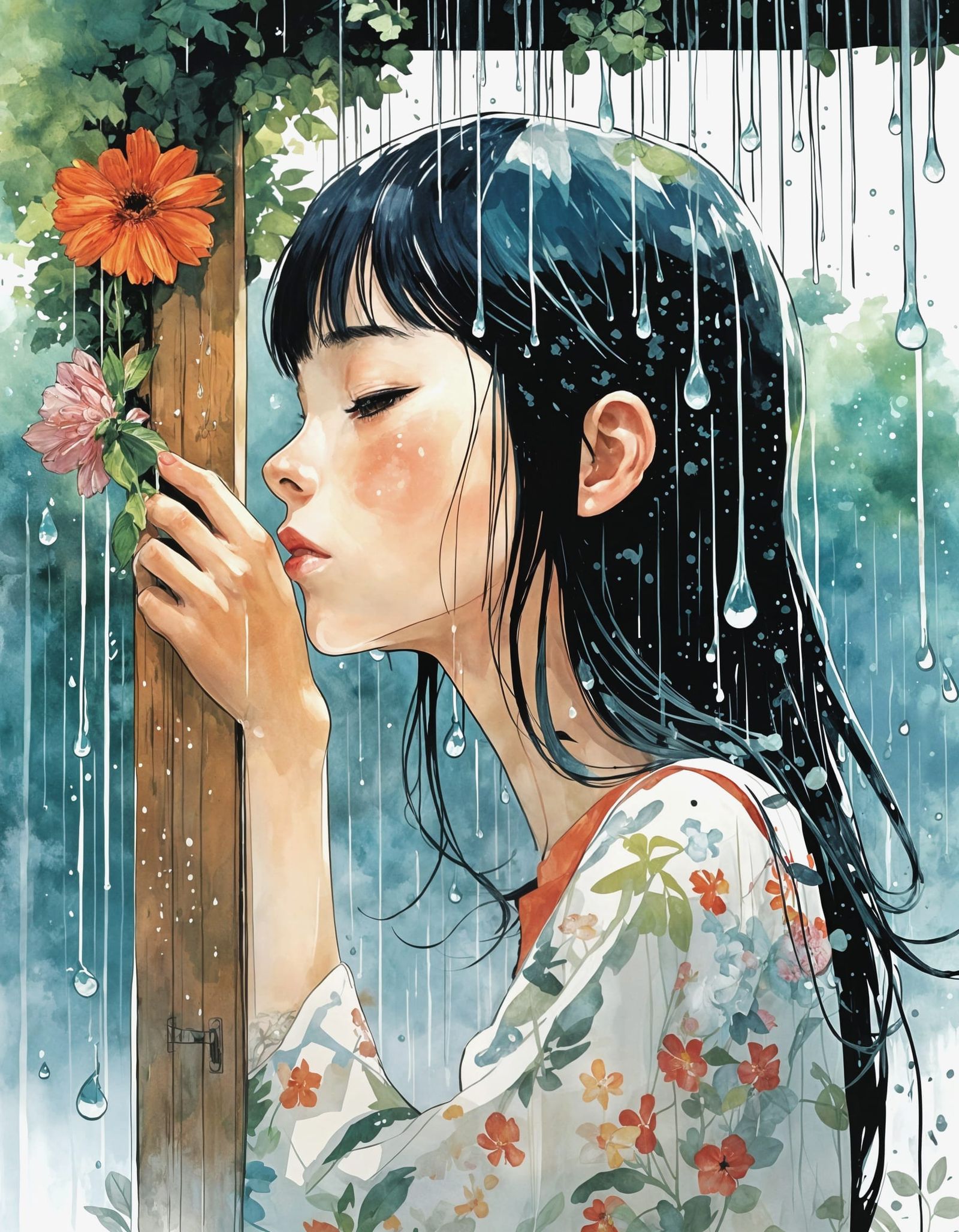 Girl Catches Summer Rain: Manga-Style Illustration