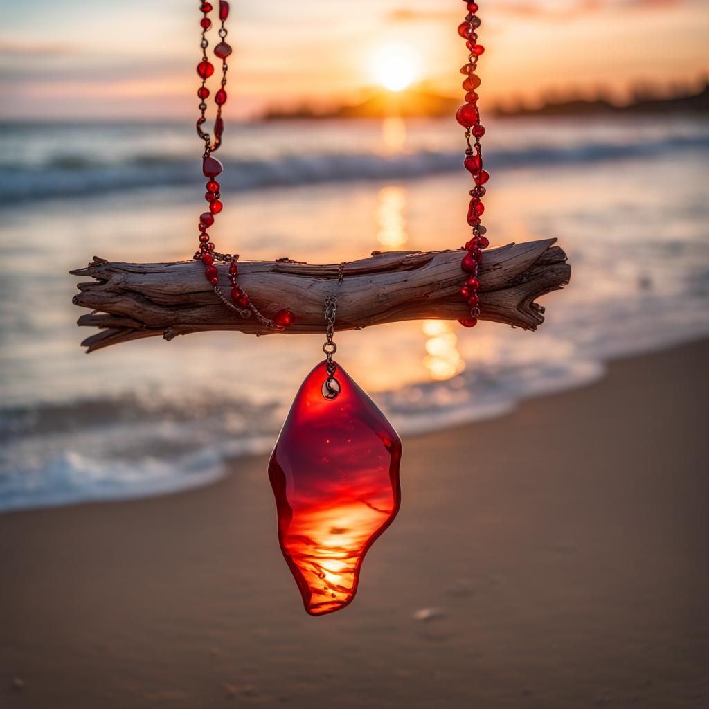 Red Necklace on Driftwood at Sunset: Hyperrealistic Photo
