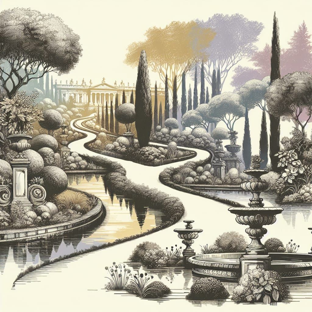 Palladian Garden Pathway with Sinuous Trees