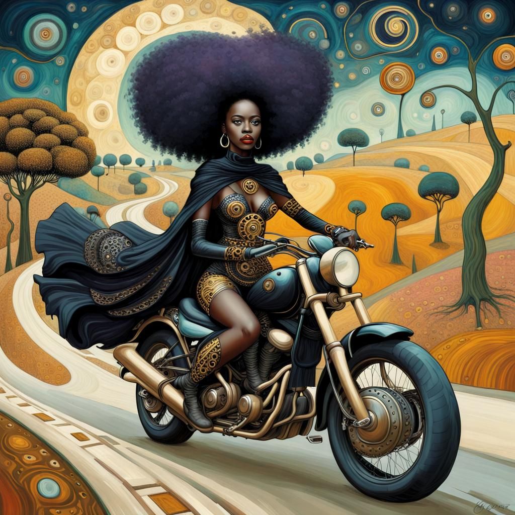African Woman Rides Motorcycle on Fantasy Road