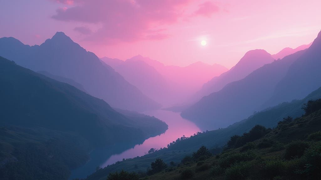 Cinematic Landscape with Misty Mountains in Digital Art Styl...