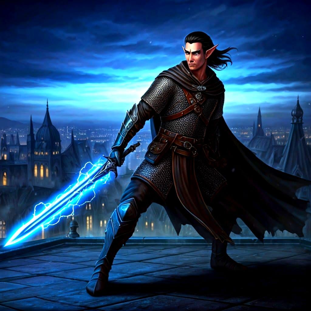 Half-Elf Rogue with Lightning Sword on Rooftop