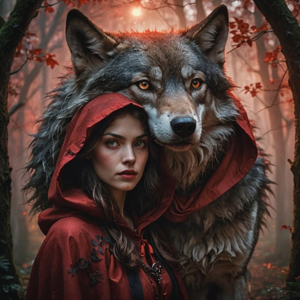 Red Riding Hood and Wolf Portrait in Dark Forest
