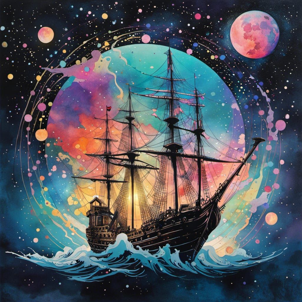 Pirate Ship Soaring Through Cosmic Space in Art Nouveau Styl...