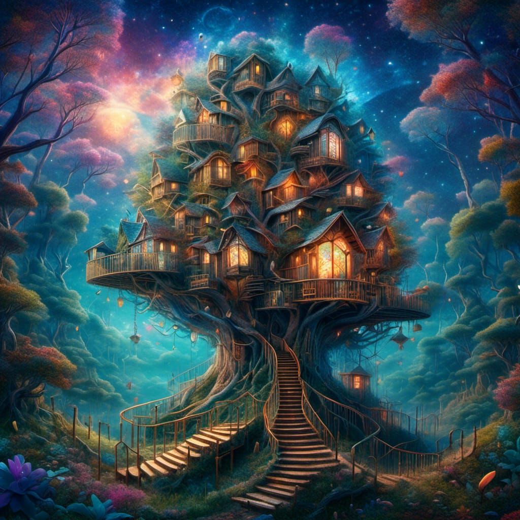 Astral Treehouses in a Surreal Mixed Media Illustration