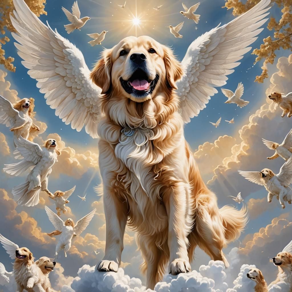 Golden Retriever Ascends to Heaven with Angelic Welcome