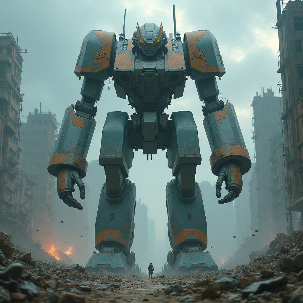 Mech Warriors in Dystopian Cityscape