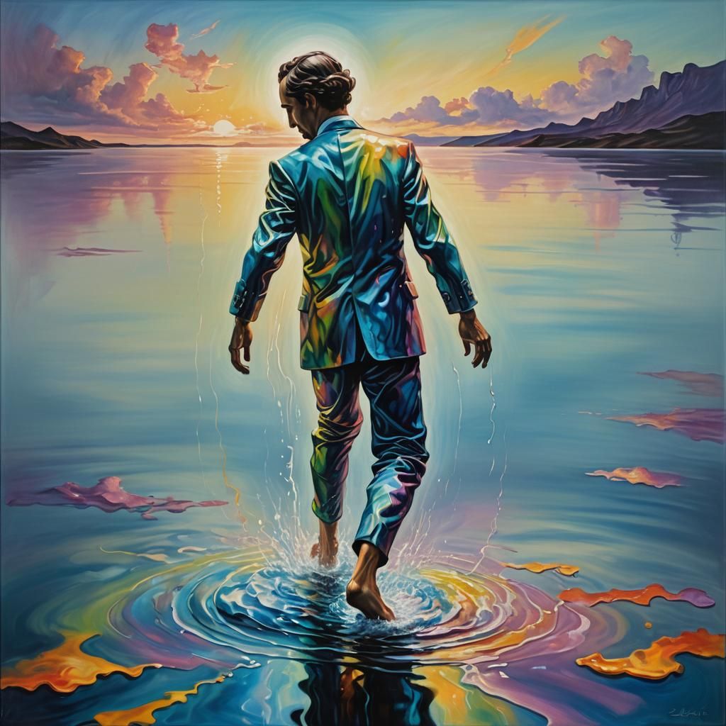 Iridescent Oil Spill Humanoid Walks on Water