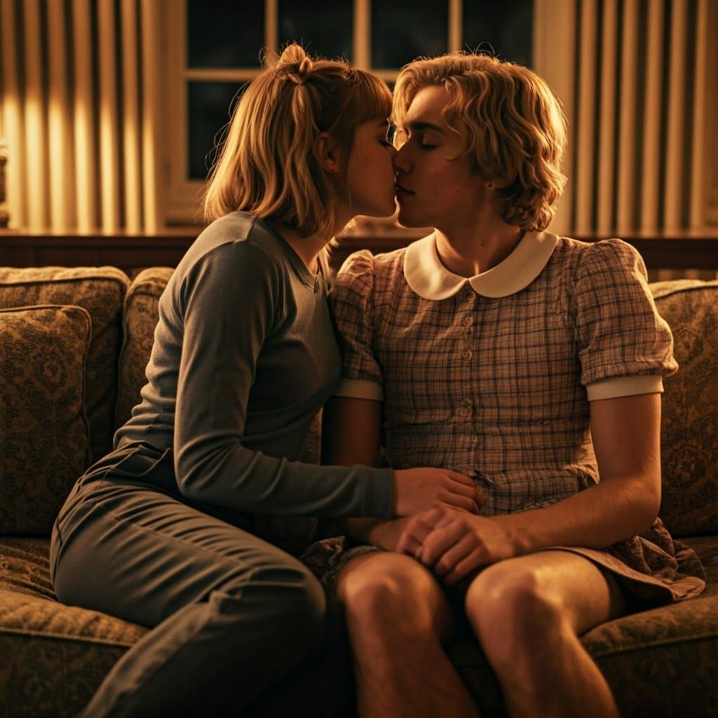 Tender Kiss Between Two Young People in Cozy Living Room