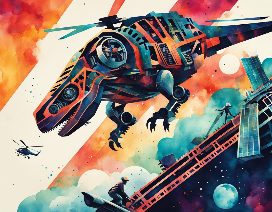 Happy Mechanical Flying T-Rex Poster in Watercolor