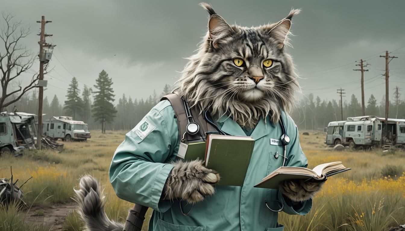Post-Apocalyptic Maine Coon Cat Doctor Illustration