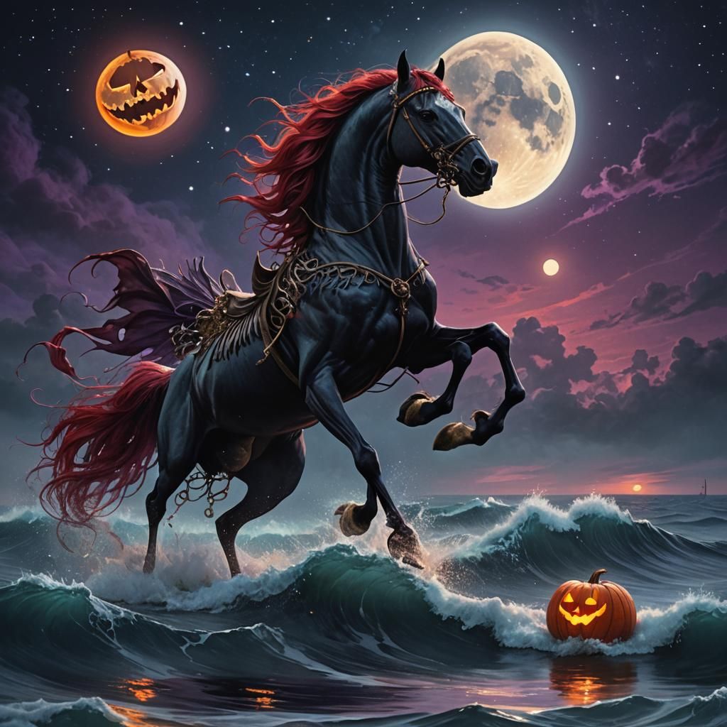 Pumpkin Skeleton Rides Black Horse Through Misty Ocean