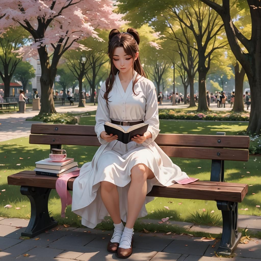 Girl Reading on Park Bench in Anime Style