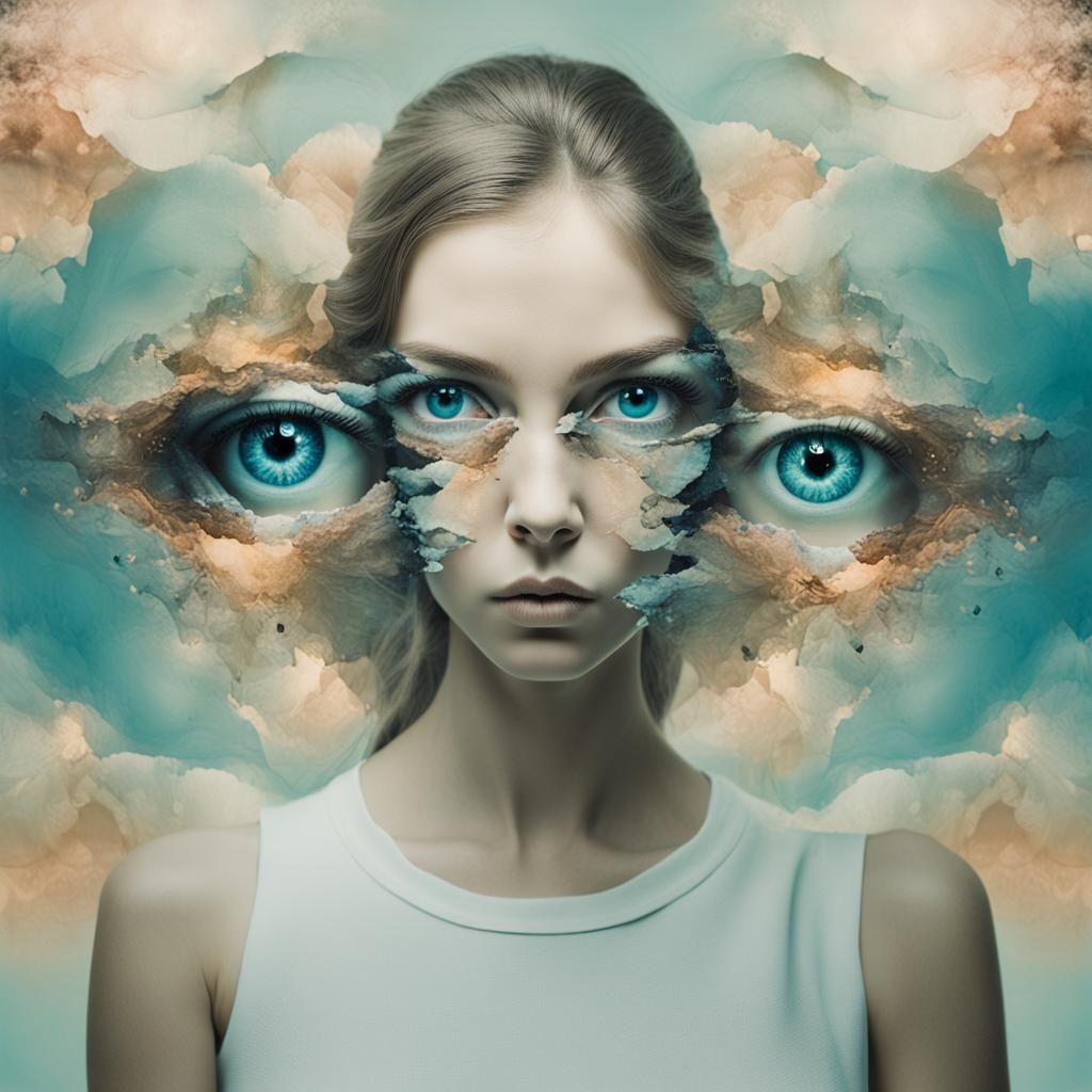 Surreal Woman with Mismatched Eyes in Double Exposure Art