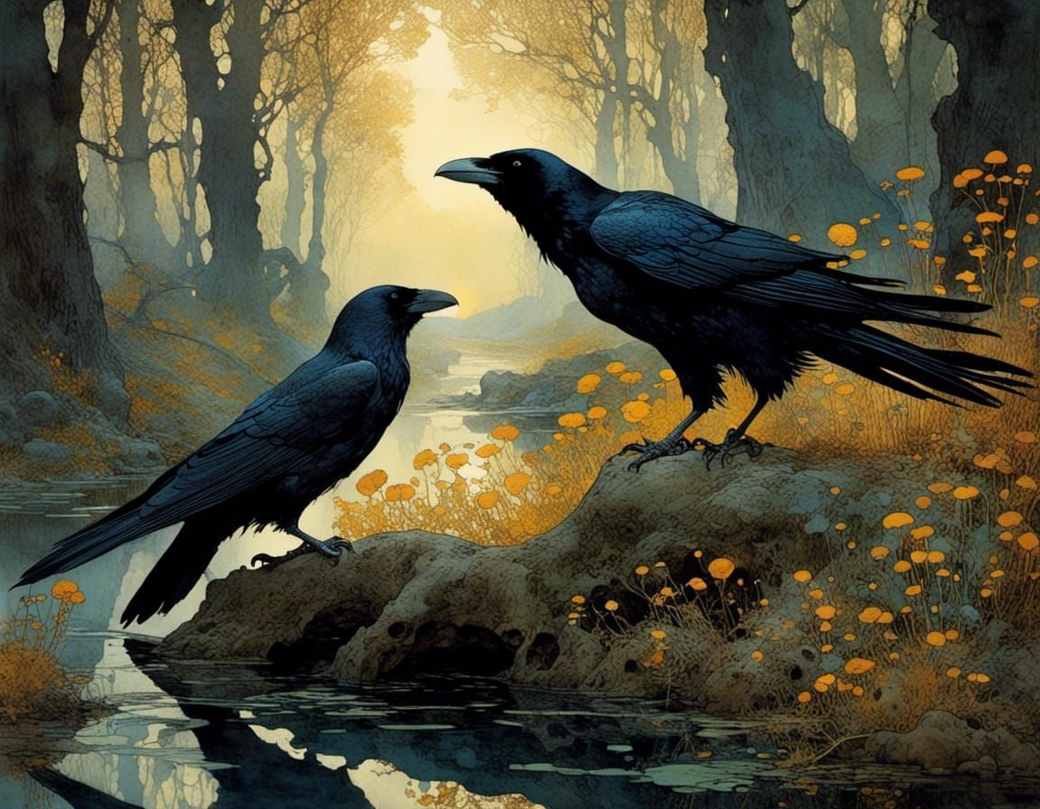 Odin's Ravens Perched on Skull in Klimt Style