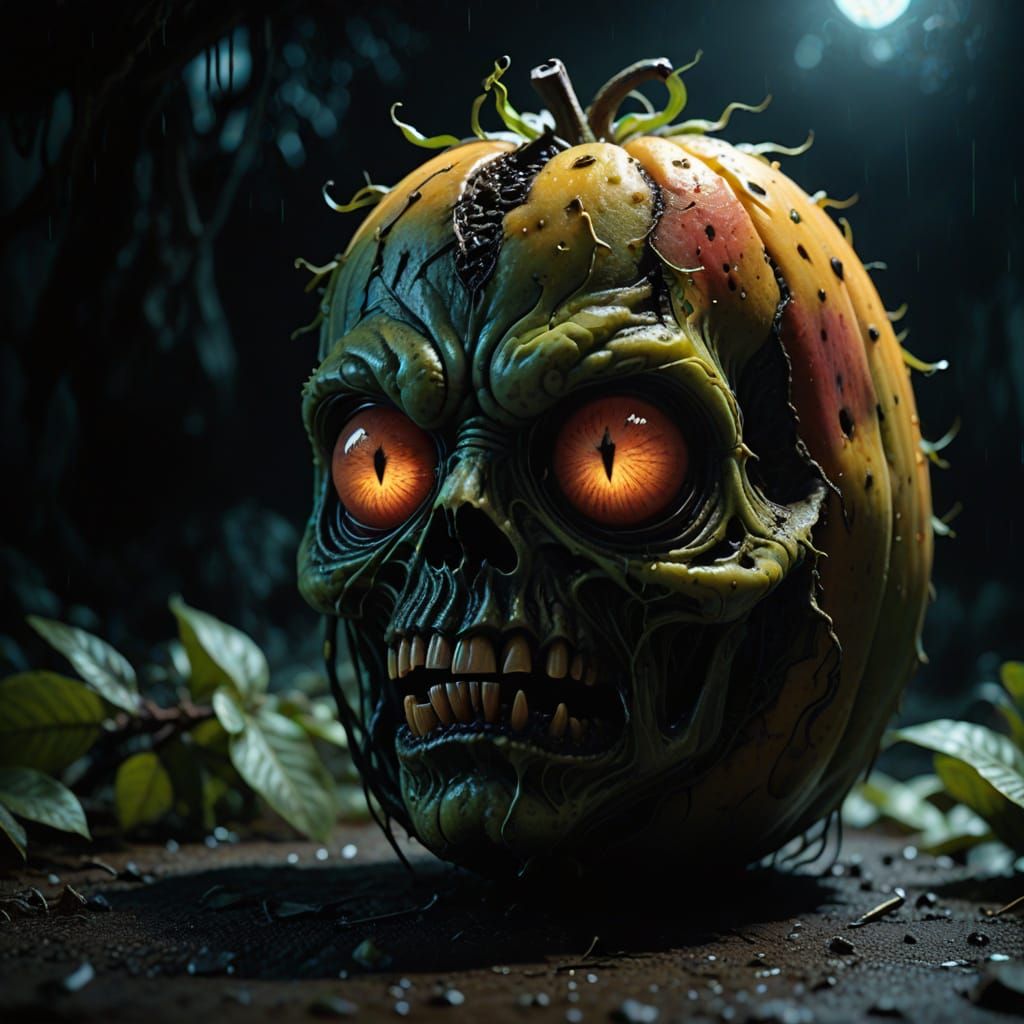 Hyper-Realistic Zombie Fruit in a Dark, Ominous Setting