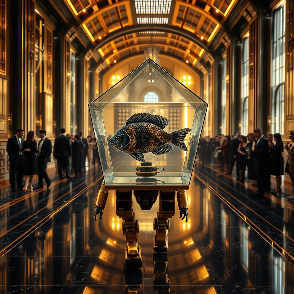 Futuristic Robot with Aquarium Head in Steampunk Style