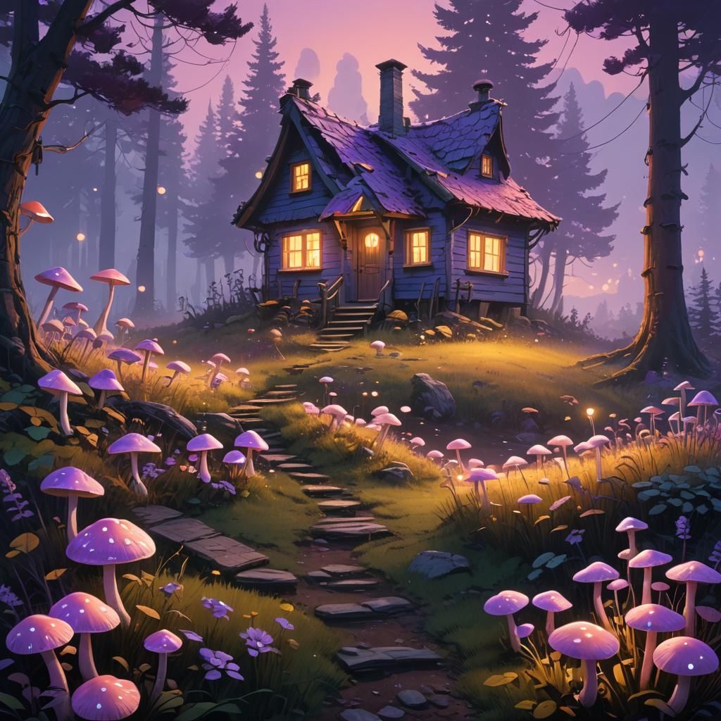 Enchanted Cottage in Mystical Glowing Mushroom Landscape