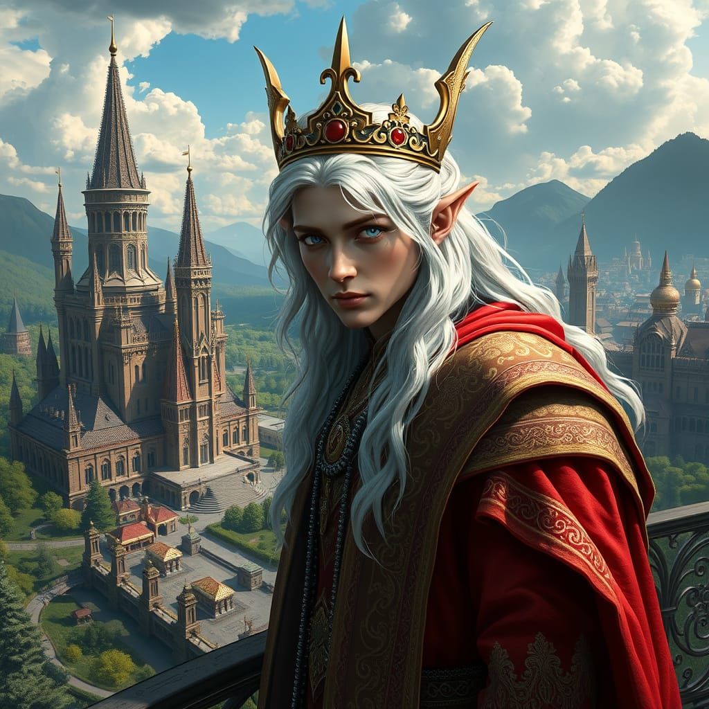 Elven King Overlooking Kingdom, Hyperrealistic Art