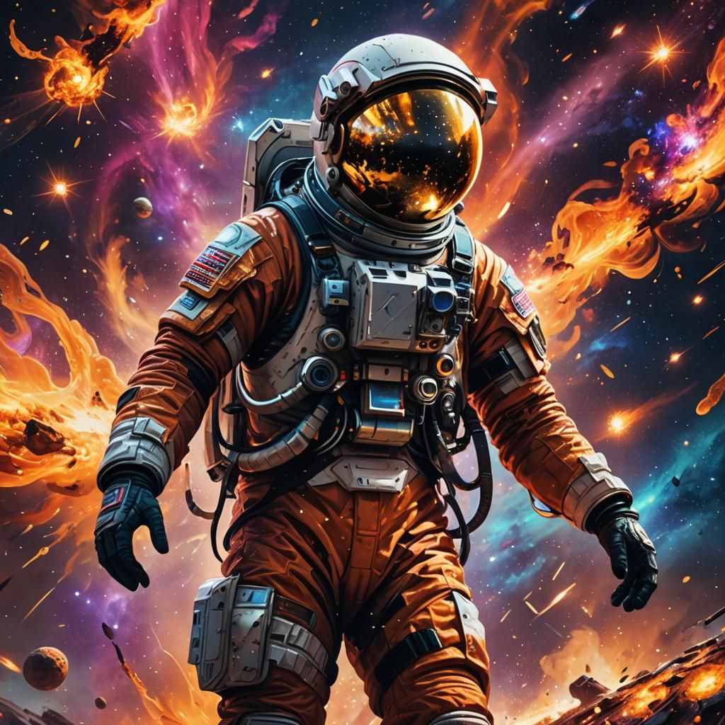 Astronaut in Inferno of Stars with Astral Colors
