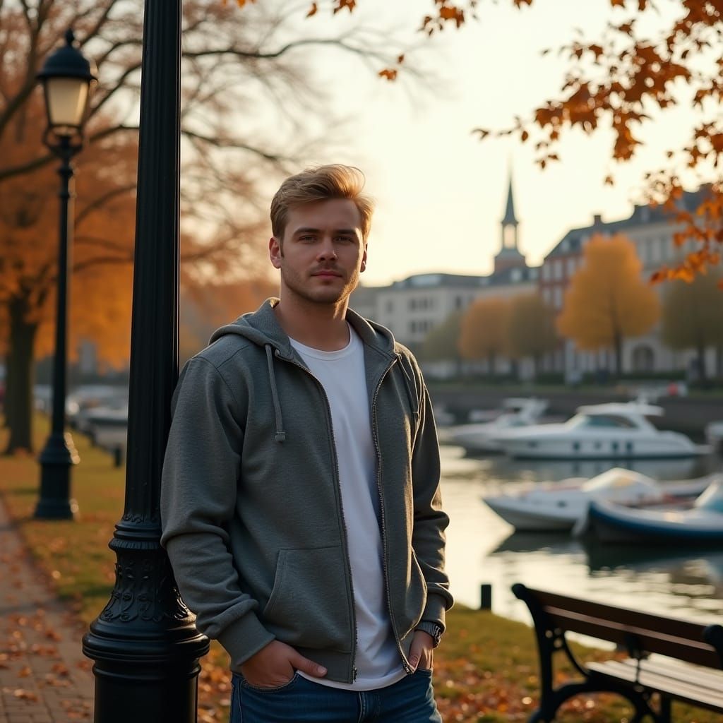 Man in Autumn Park with Marina View