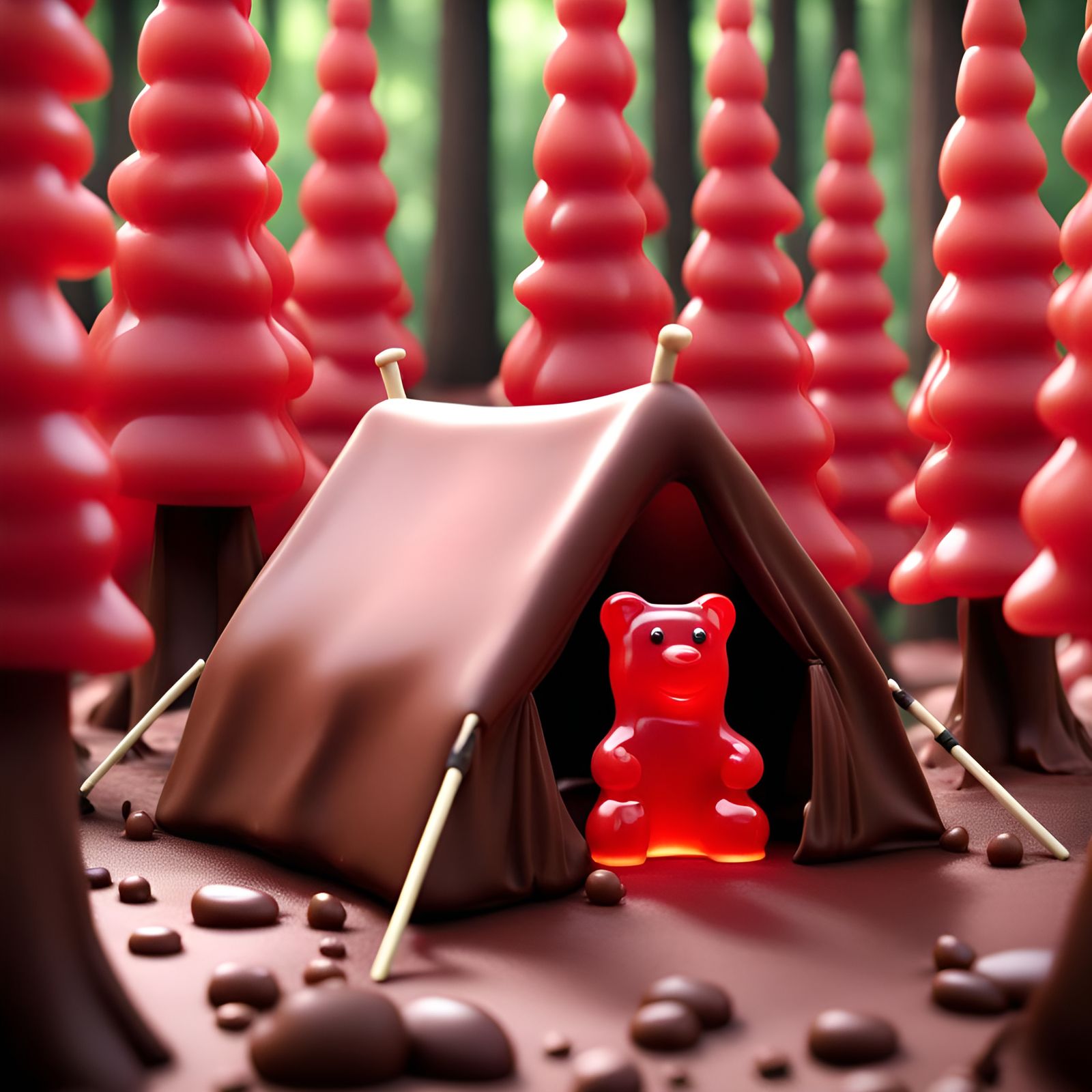 Chocolate Jello Tent with Gummy Bears in 3D