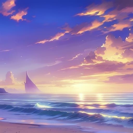 Happy Girl on Beach in Anime Style