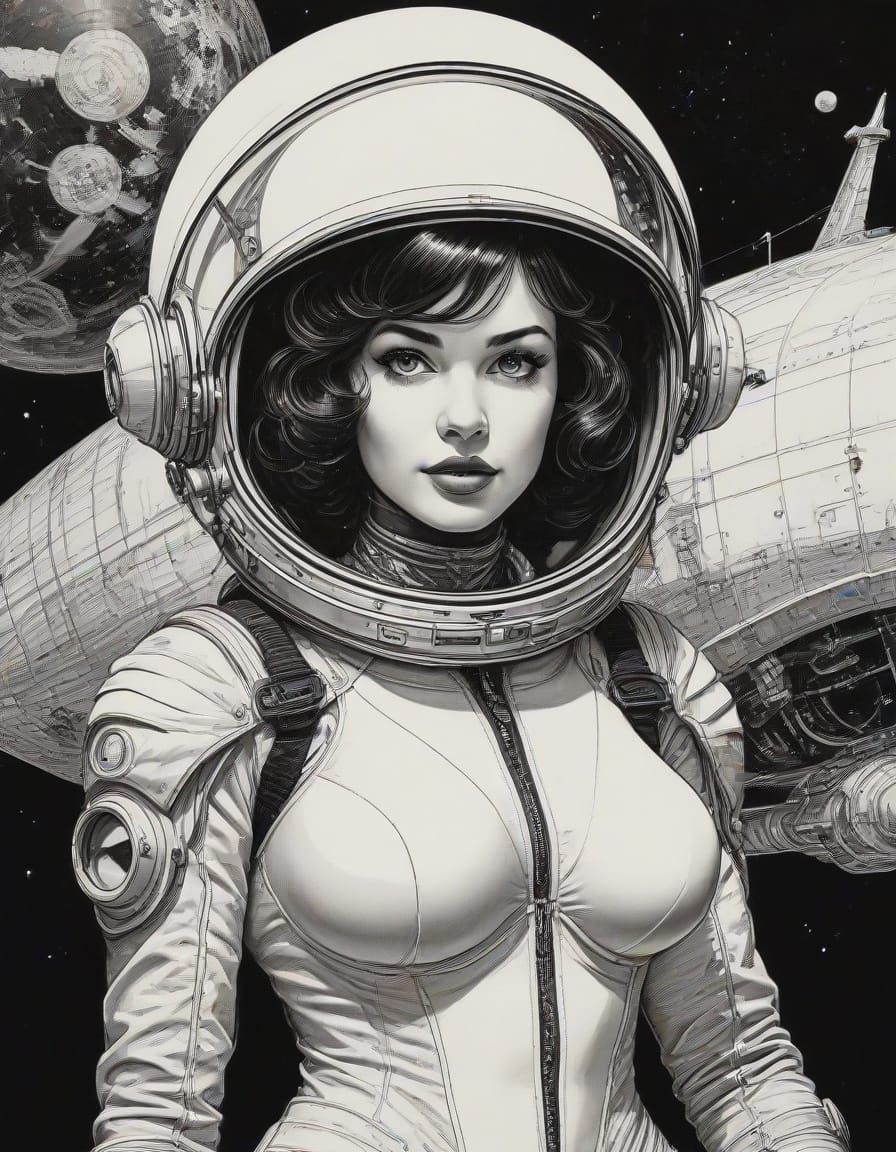 Retro Sci-Fi Pinup in Black and White Ink