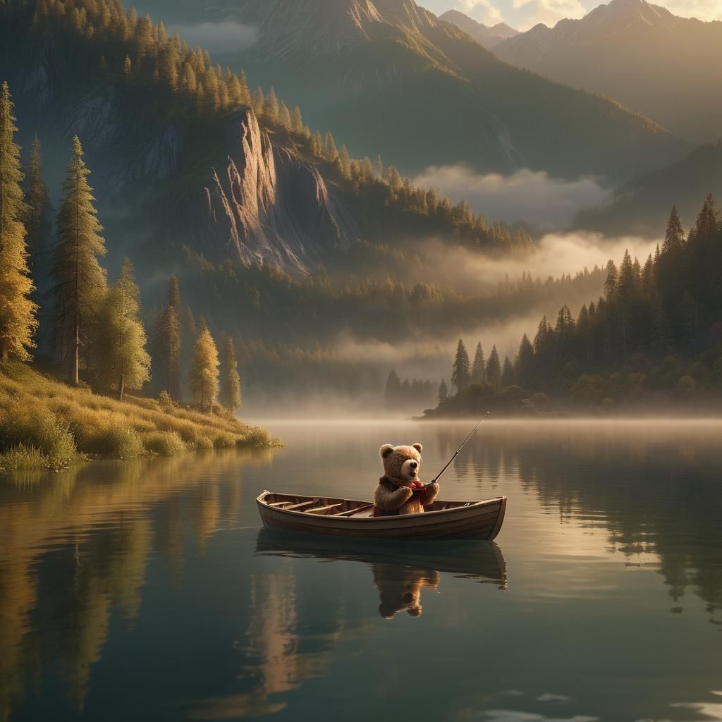 Teddy bear fishing in a rowboat Epic cinematic brilliant stu...