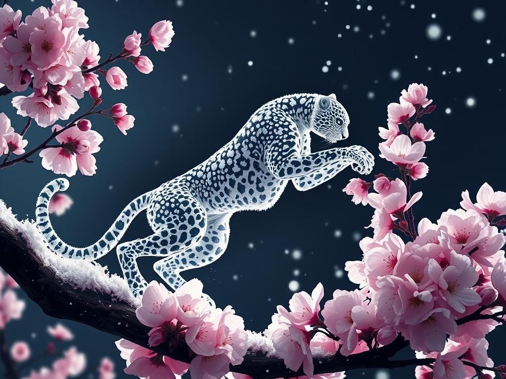 Snow Leopard Among Giant Cherry Blossoms in Fantasy Style