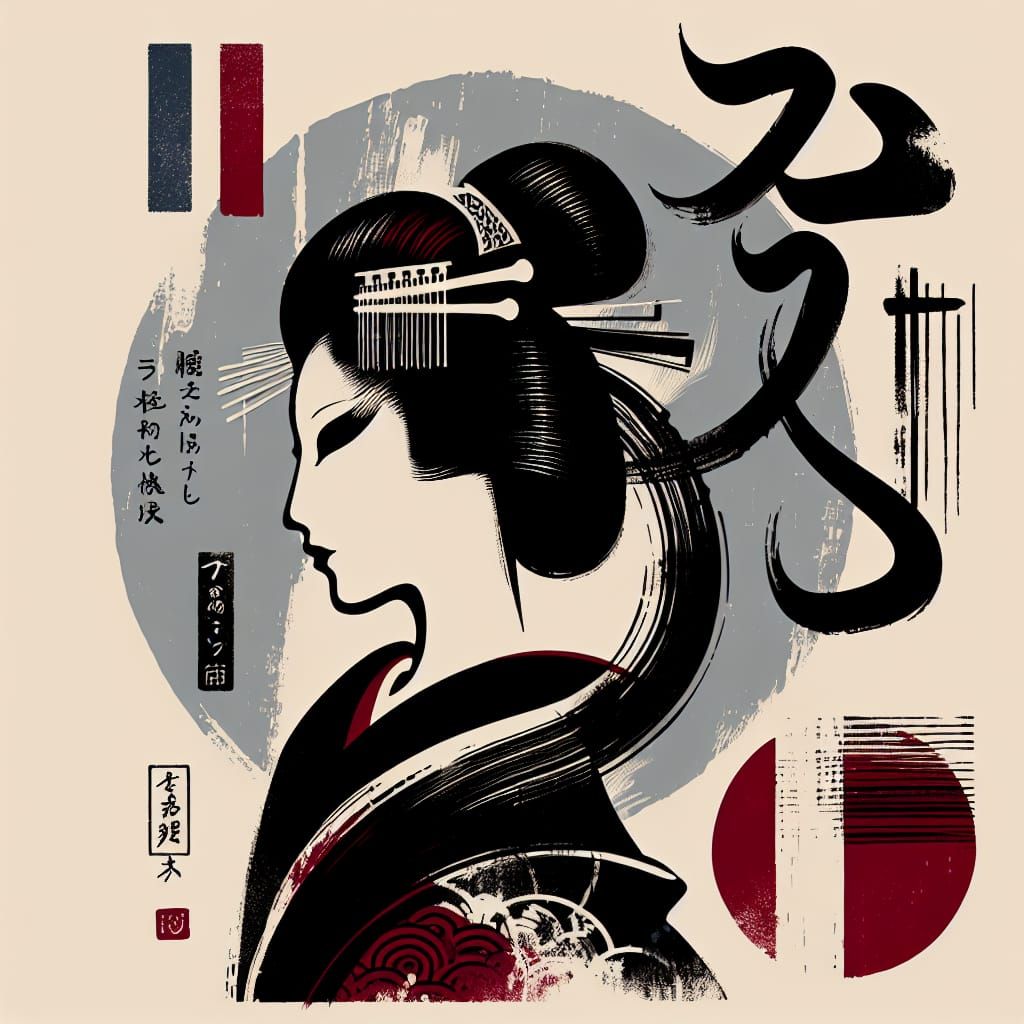 Surreal Geisha in Ink Wash Style