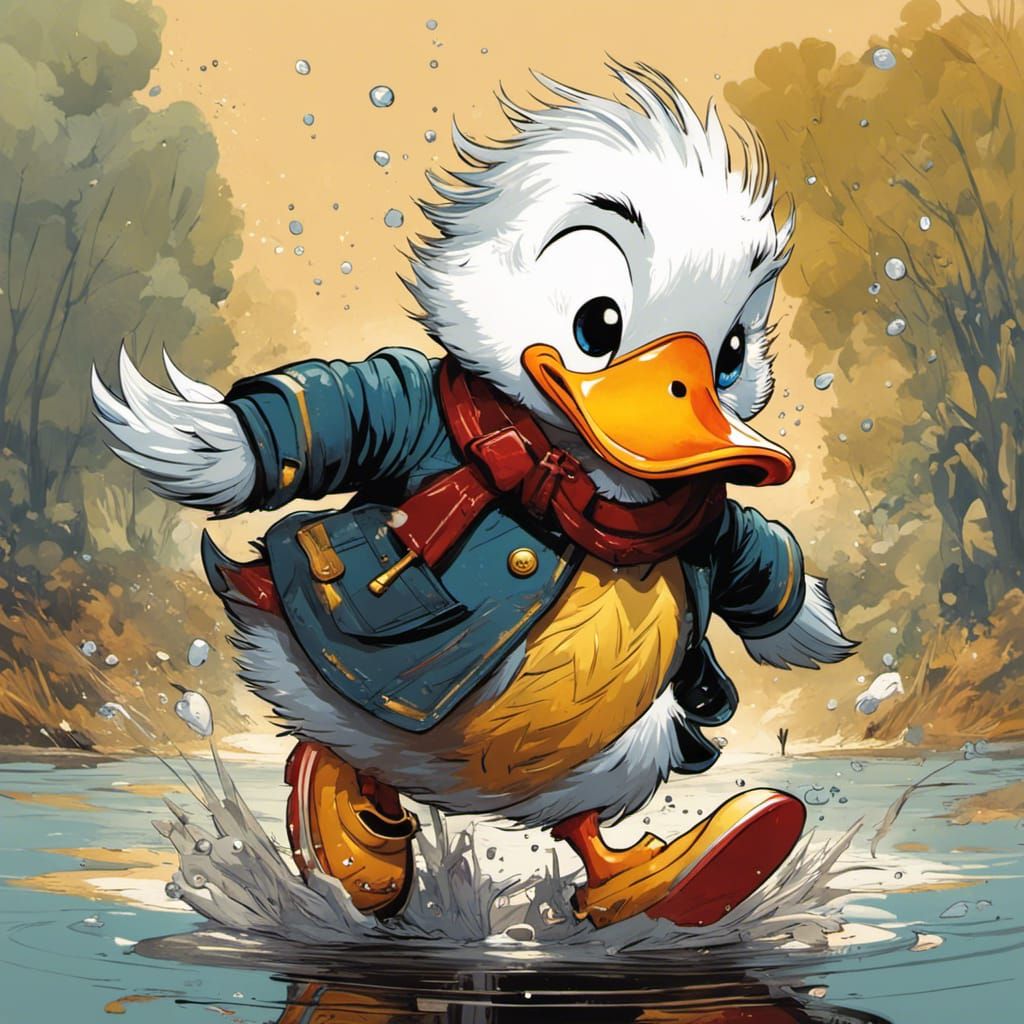 Anthropomorphic Duck's Joyful Mud Puddle Jump