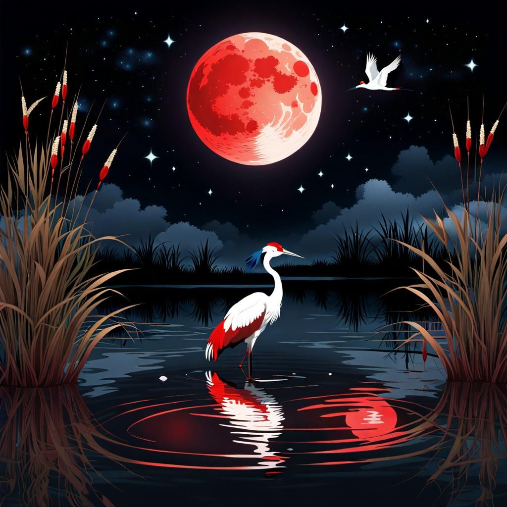 A crane stands in water, reflecting a big red moon, some reed on the site, very dark sky with sparkling stars