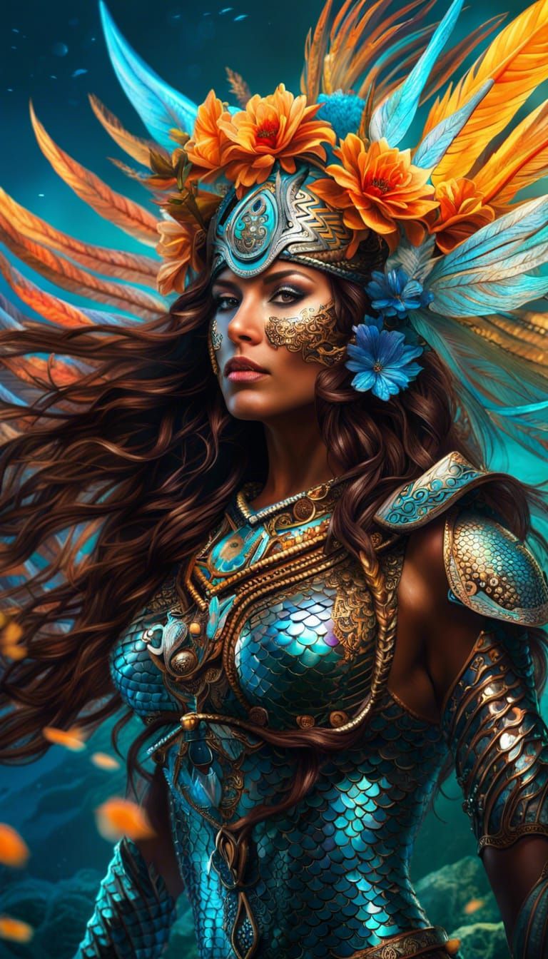 Aztec Flower Mermaid Warrior in HDR Hologram Style