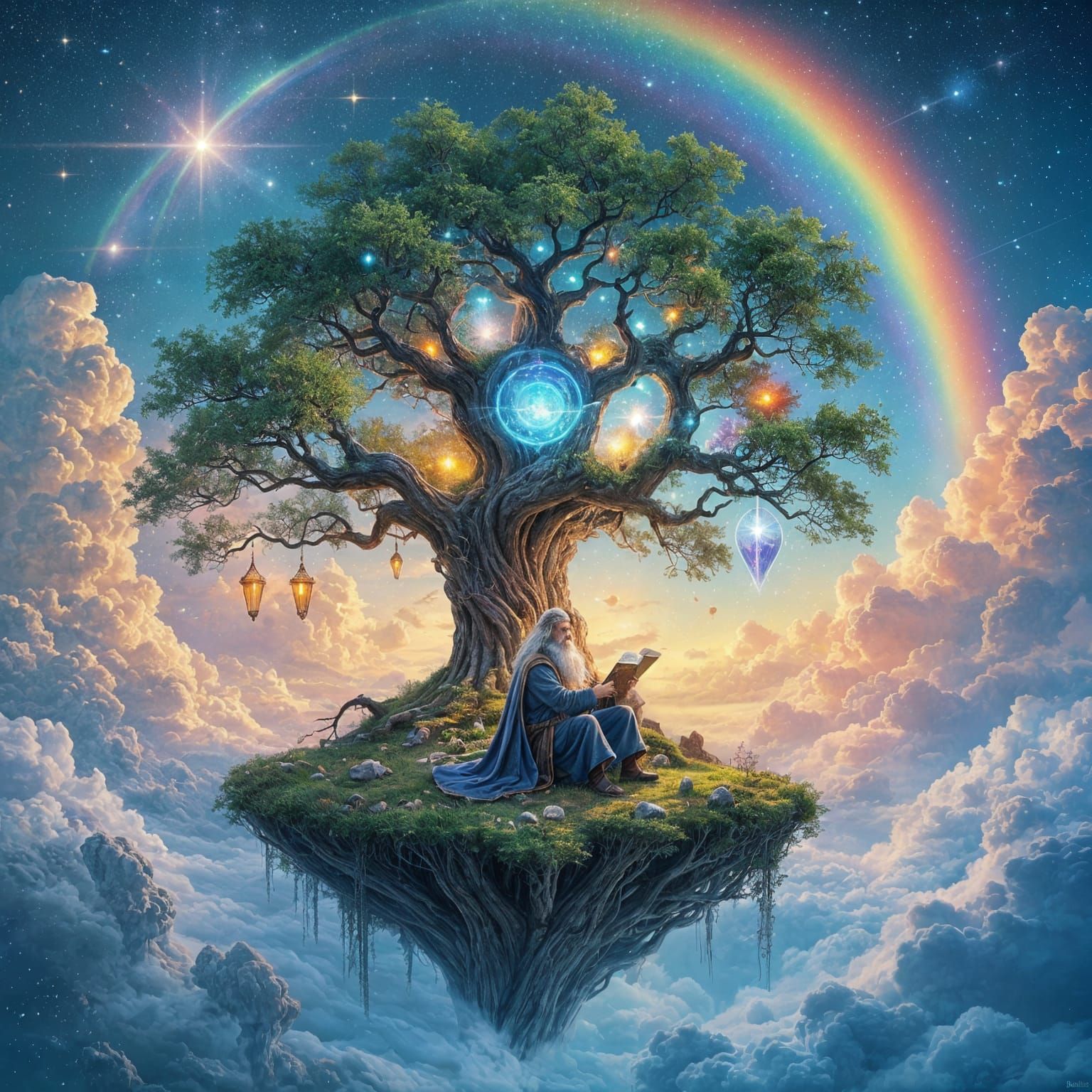Floating Island Tree with Wizard in Ethereal Style
