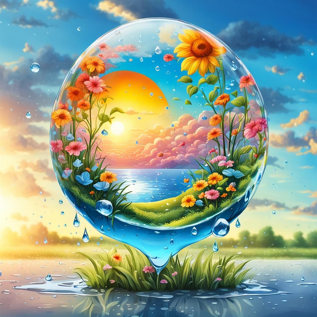 Summer Landscape Inside Raindrop: Graffiti Art