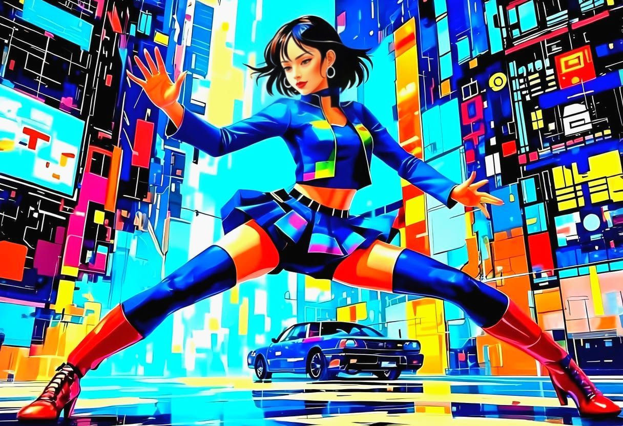Impasto Painting of Dancer in Abstract Colorful Cyber City