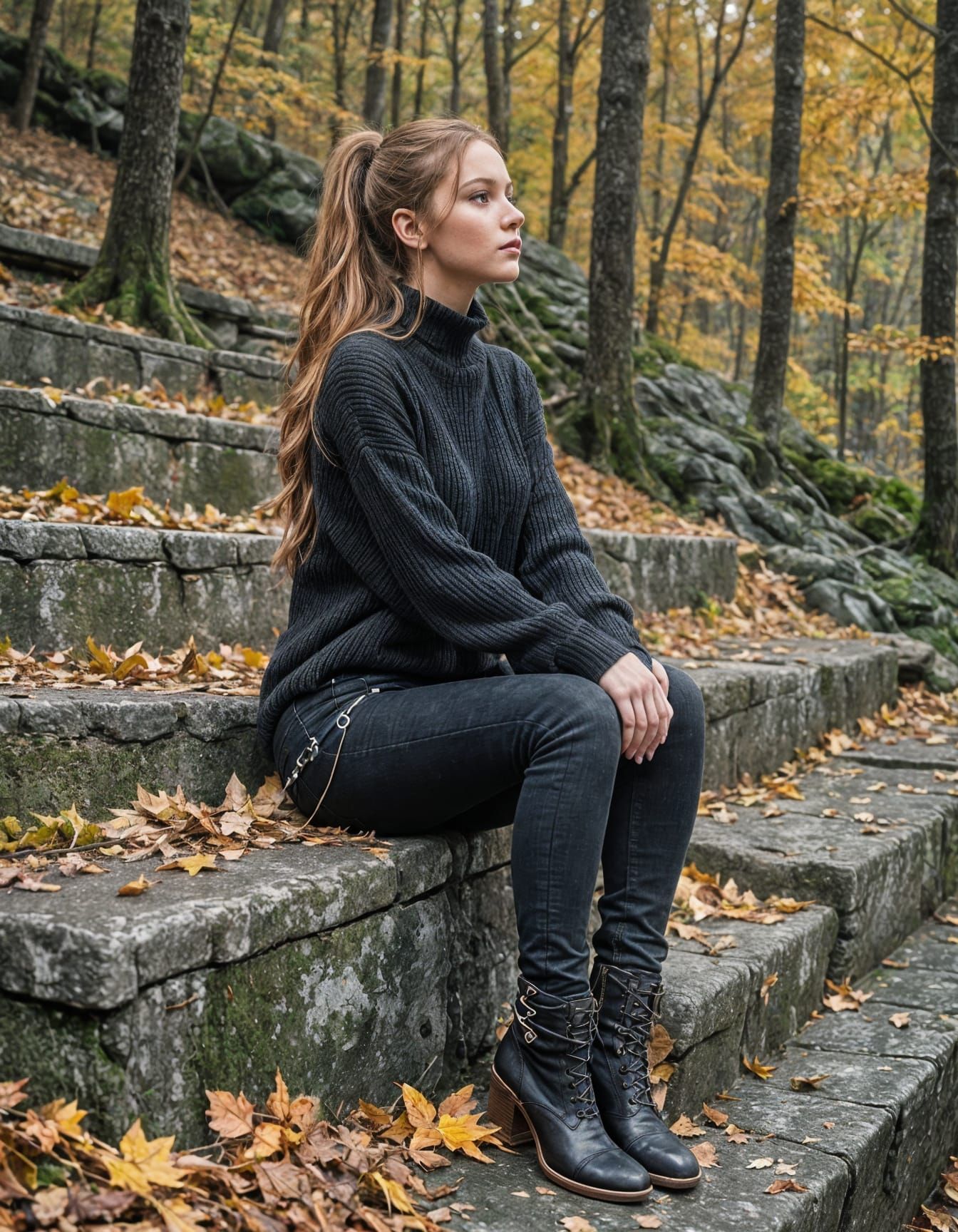 Thoughtful Woman in Autumn Forest Matte Painting