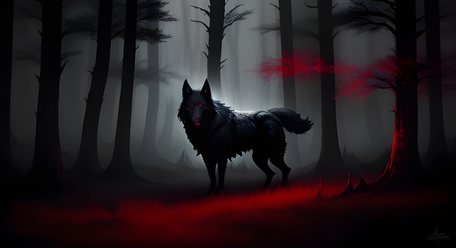 Ghostly Shadow Wolf in Misty Forest