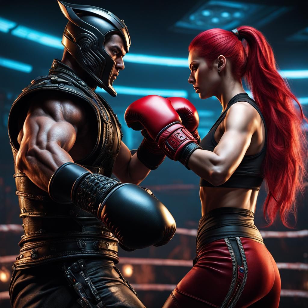 Clockpunk Man Boxing Cyberpunk Woman in Mortal Kombat
