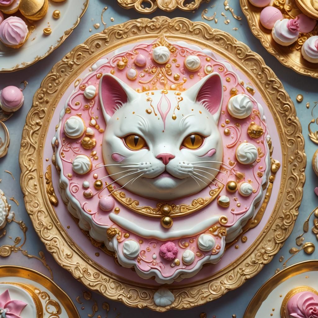 Whimsical Cat Cake with Cream and Meringues
