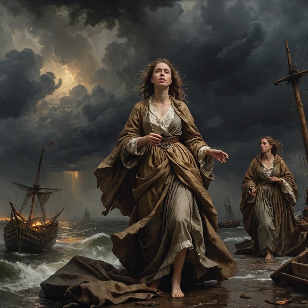 Baroque Oil Painting: Women Begging on Stormy Port