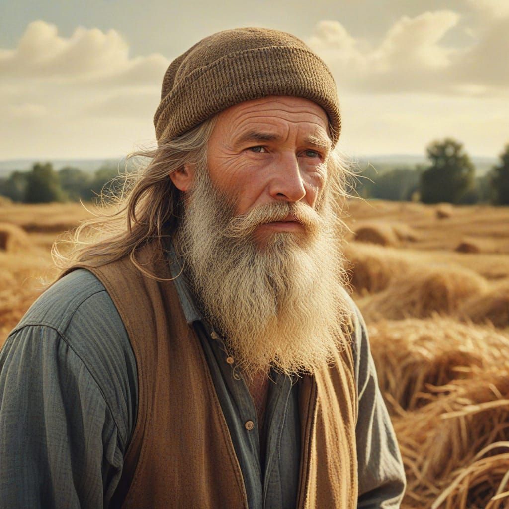 Medieval Farmer in Field: Watercolor Digital Painting