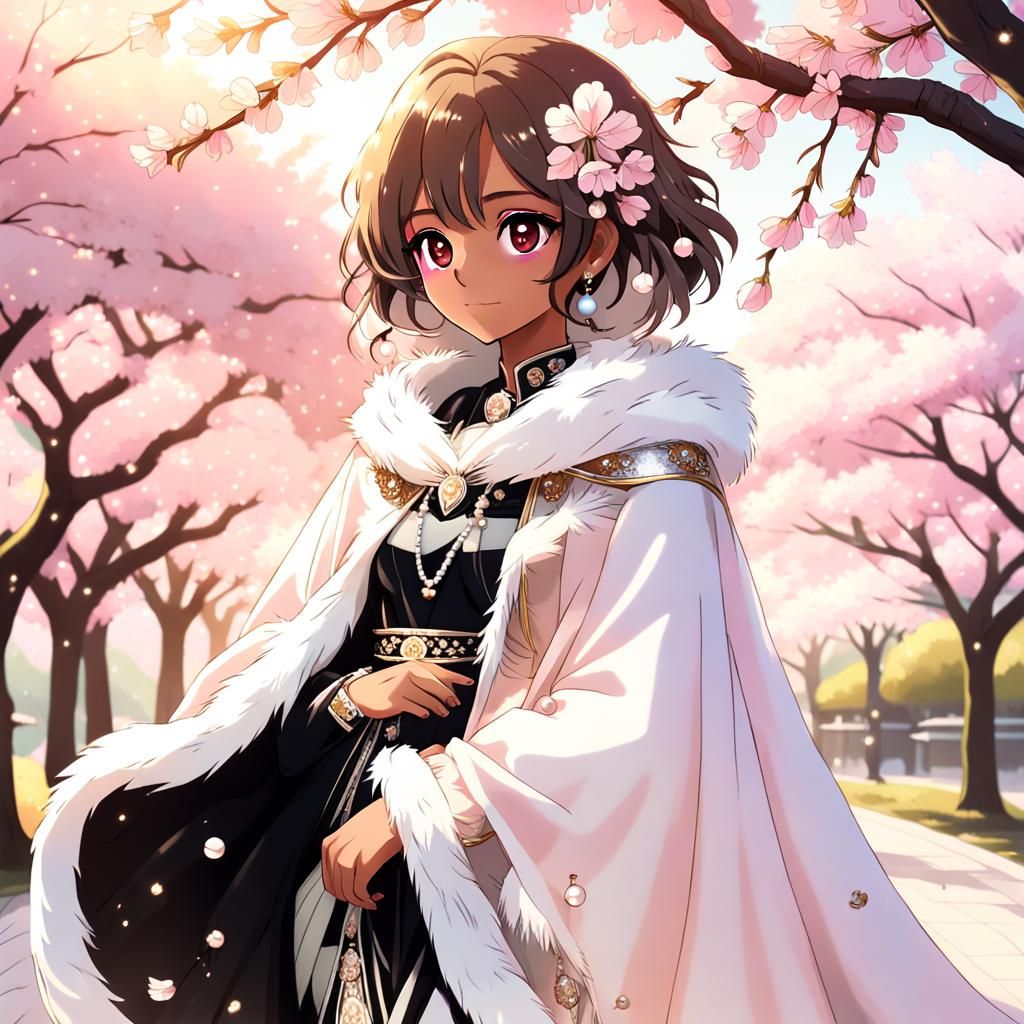 Anime Woman in Feather Cape Under Cherry Blossoms