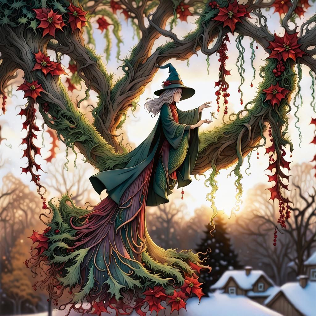 Dragon with Mistletoe and Witch in Fantasy Art