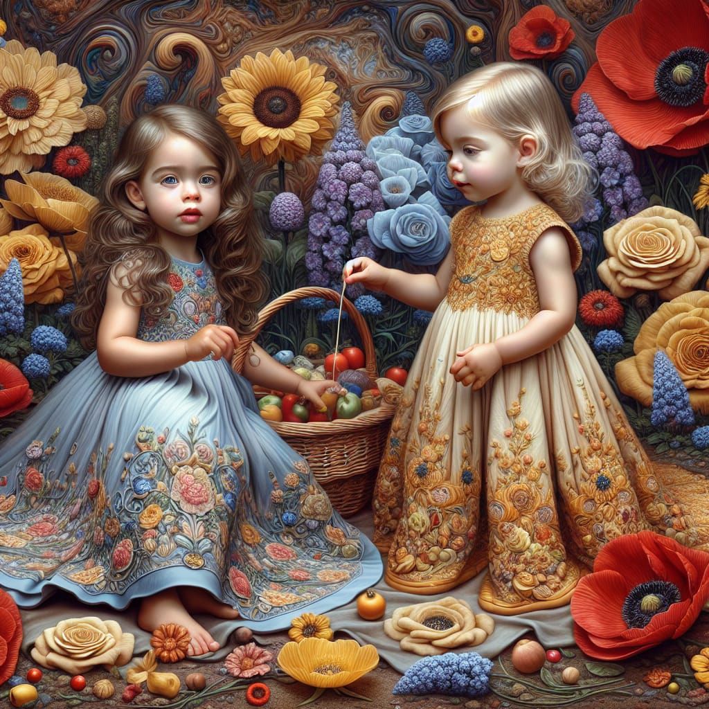 Two Girls in Whimsical Embroidered Dresses