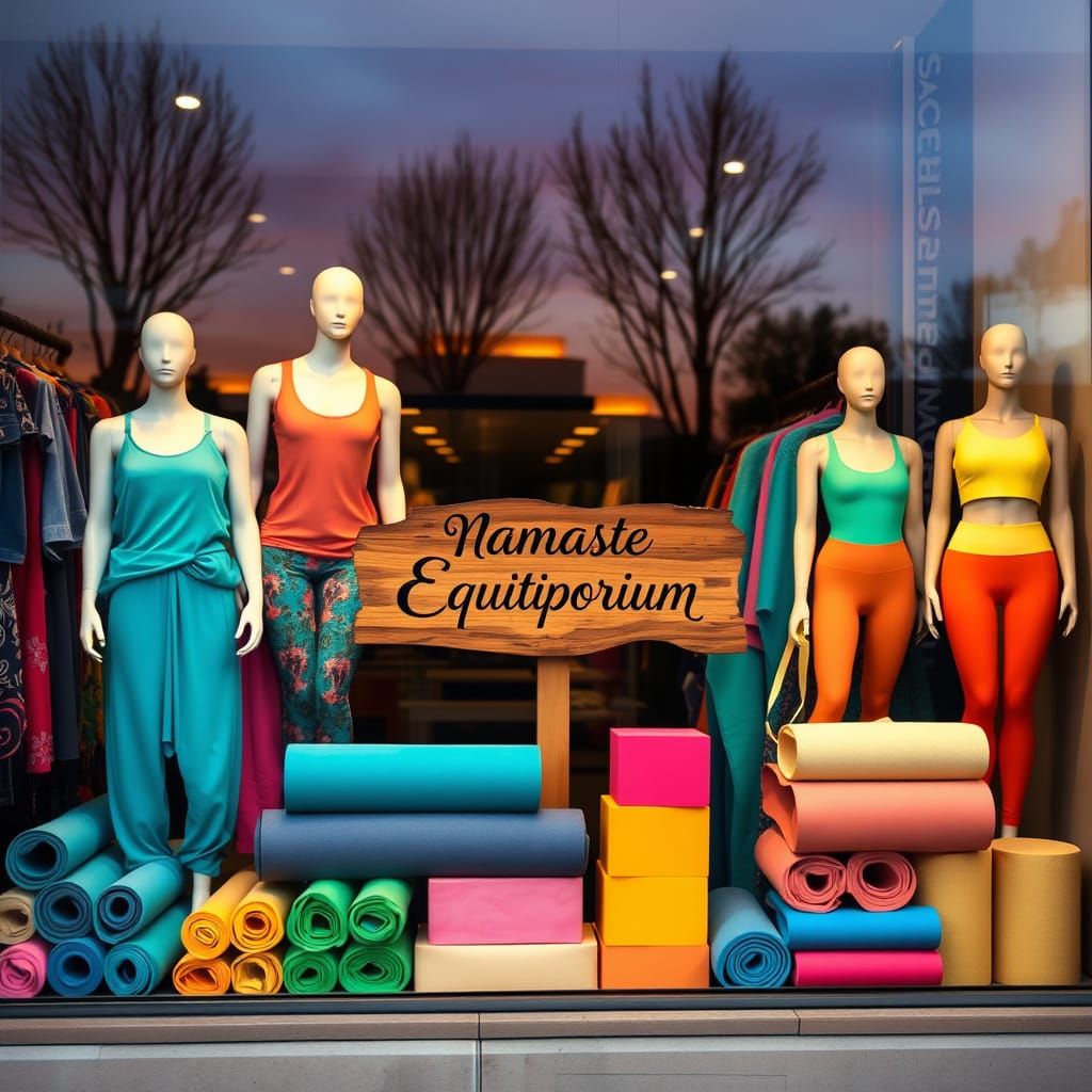 Whimsical Yoga Boutique Window Display at Dusk