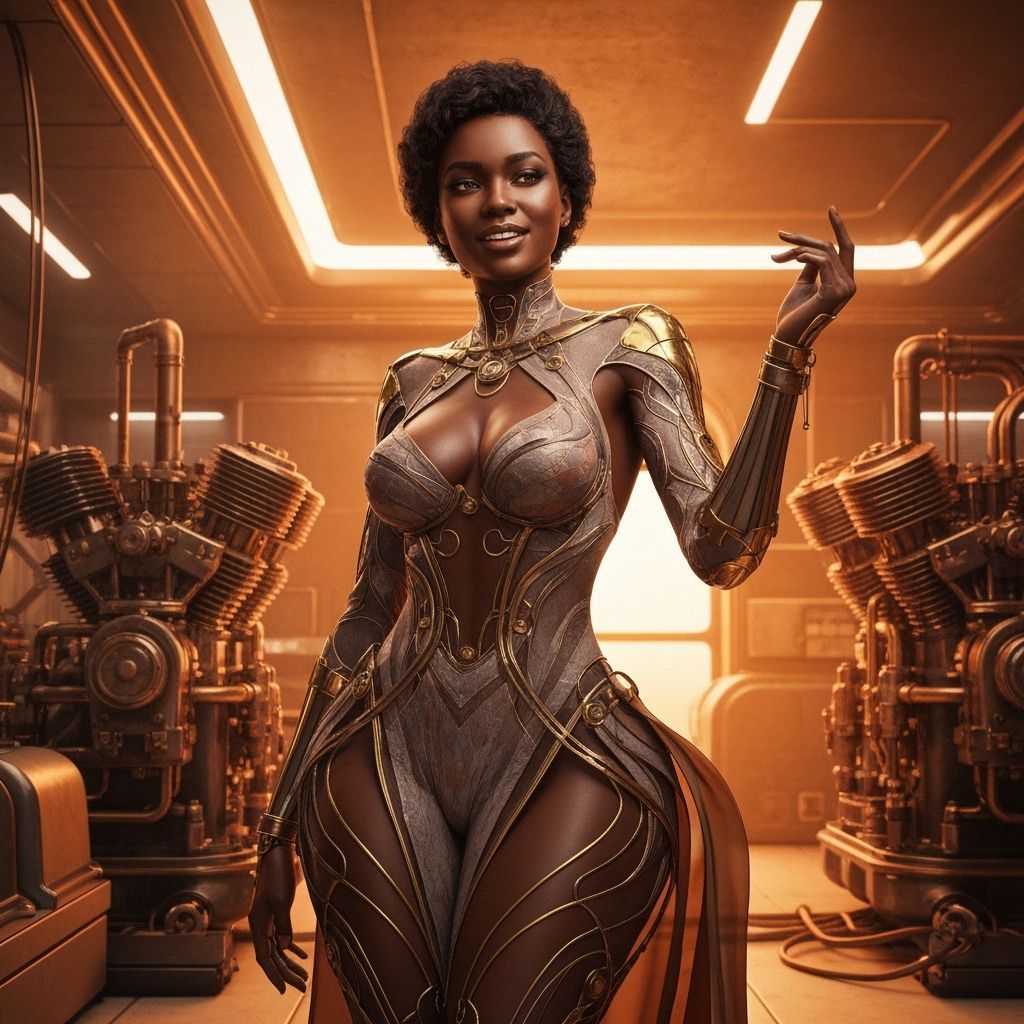 Elegant Black Woman in Steampunk Interior