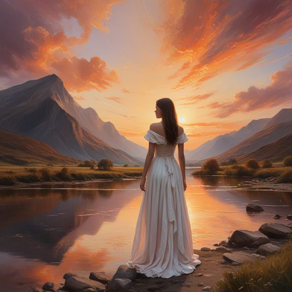 Girl Basks in Warm, Golden Light of Sunset Over Majestic Mou...