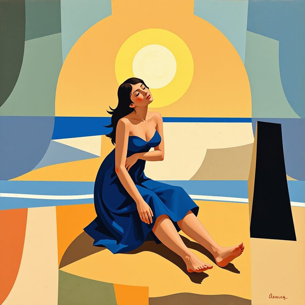 Abstract Cubist Girl at the Beach in Blue Dress
